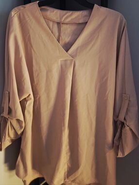 SHEIN Taupe V-Neck Roll-Tab Sleeve Blouse